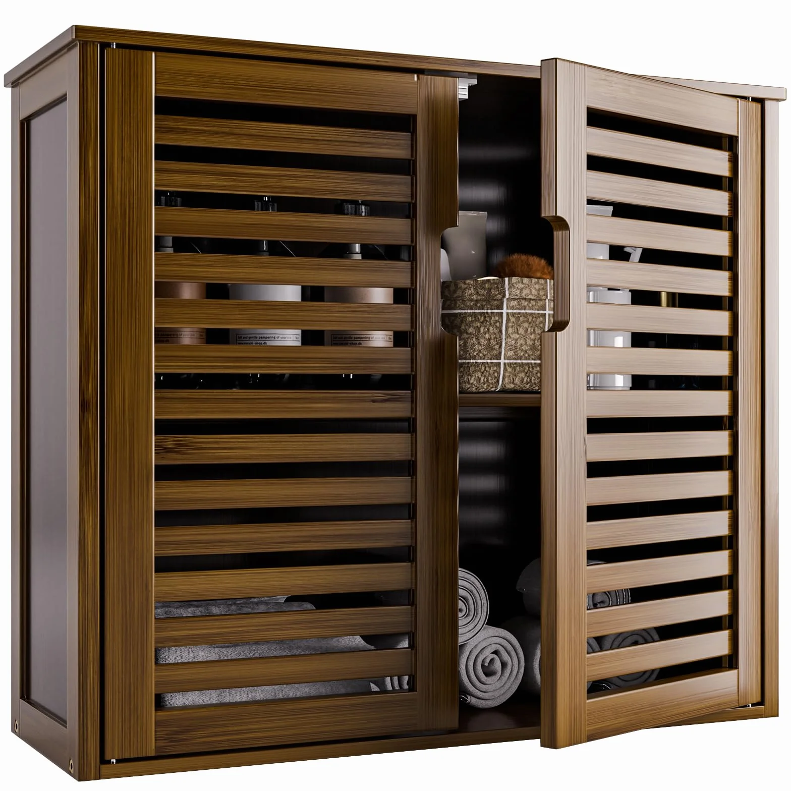 HITNET Armario Baño Pared de Bambú, Mueble Colgante, Gabinete de Almacenamiento Suspendido con Doble Puerta y Estante Ajustable, para Salón, Pasillo y Cocina, Color Nogal