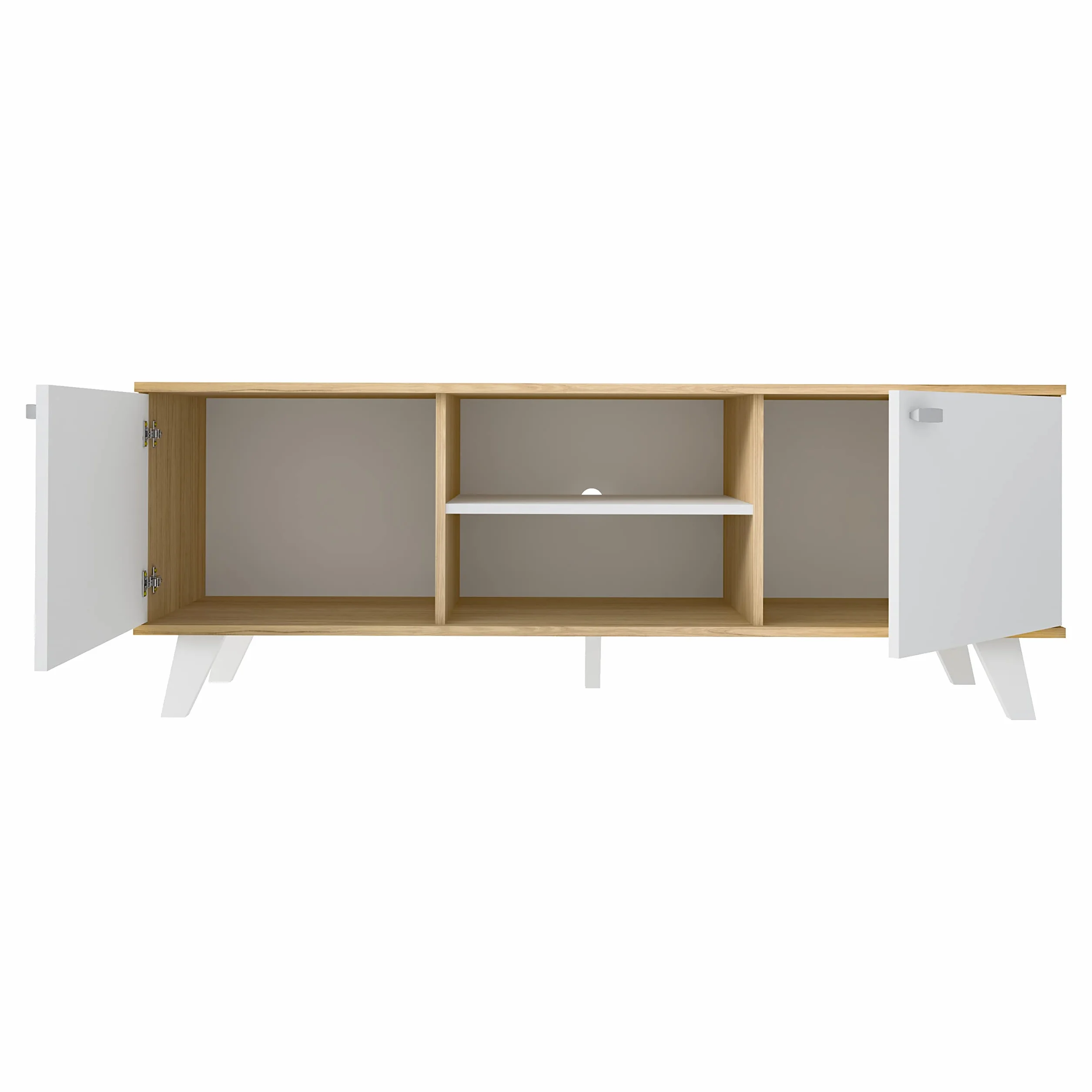 MOMMA HOME Mueble TV, Mueble de Salón Moderno, Mesa de televisión 2 Puertas y Baldas centrales, Acabado en Roble y Blanco, Patas de Madera, QUIATUR, 140 cm L x 51 cm A x 40 cm F.