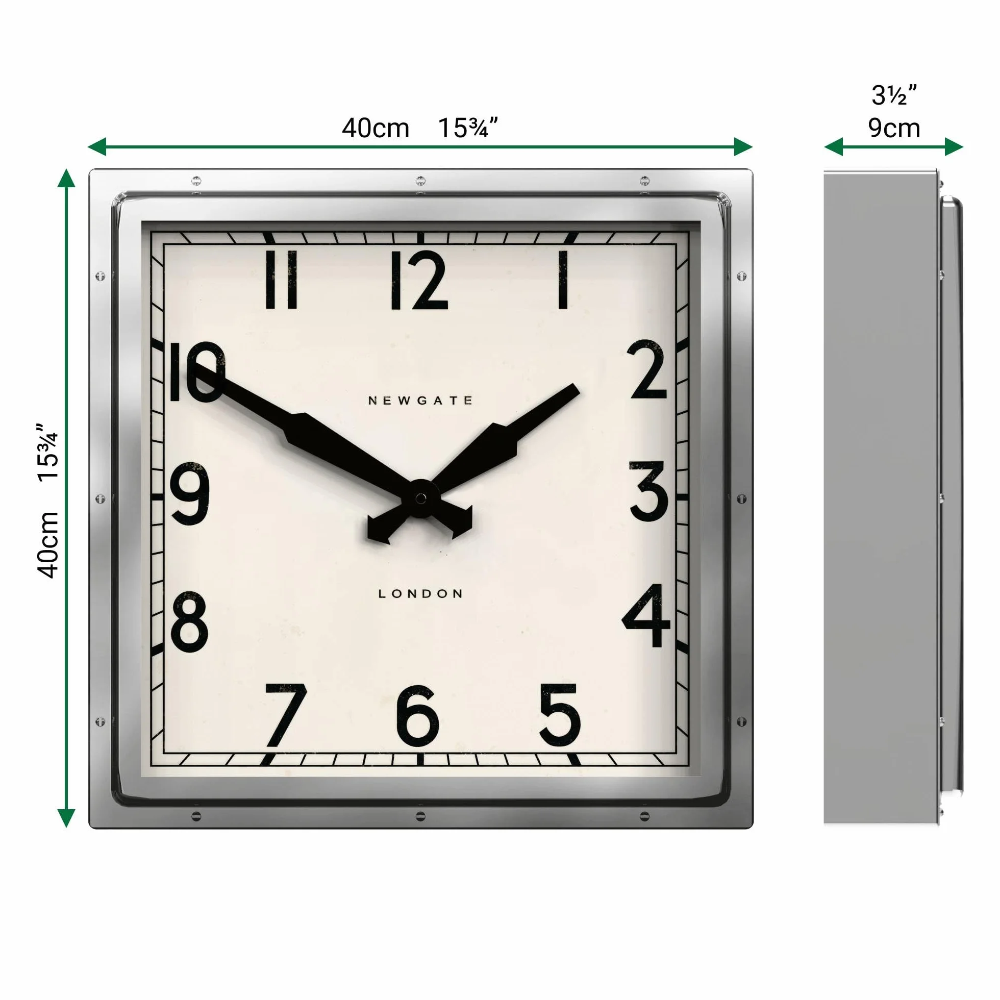 NEWGATE® Quad Reloj de Pared | Diseño de Acero Inoxidable Pulido Cuadrado Grande | 40cm | Reloj Industrial icónico de Estilo Mediados de Siglo para Cocina, salón u Oficina