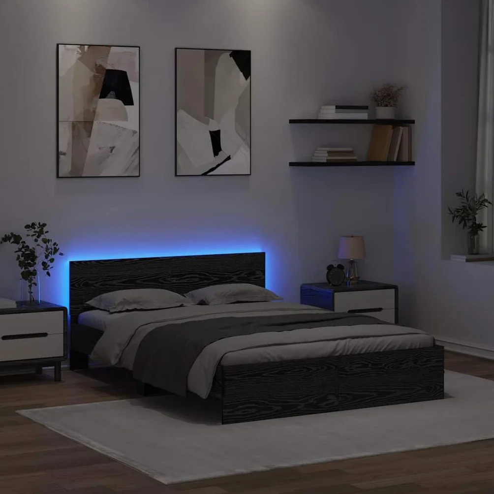 Estructura de cama LED de roble negro, 120 x 190 cm, con luces que cambian de color, diseño moderno y estable de madera para jóvenes y habitaciones de invitados