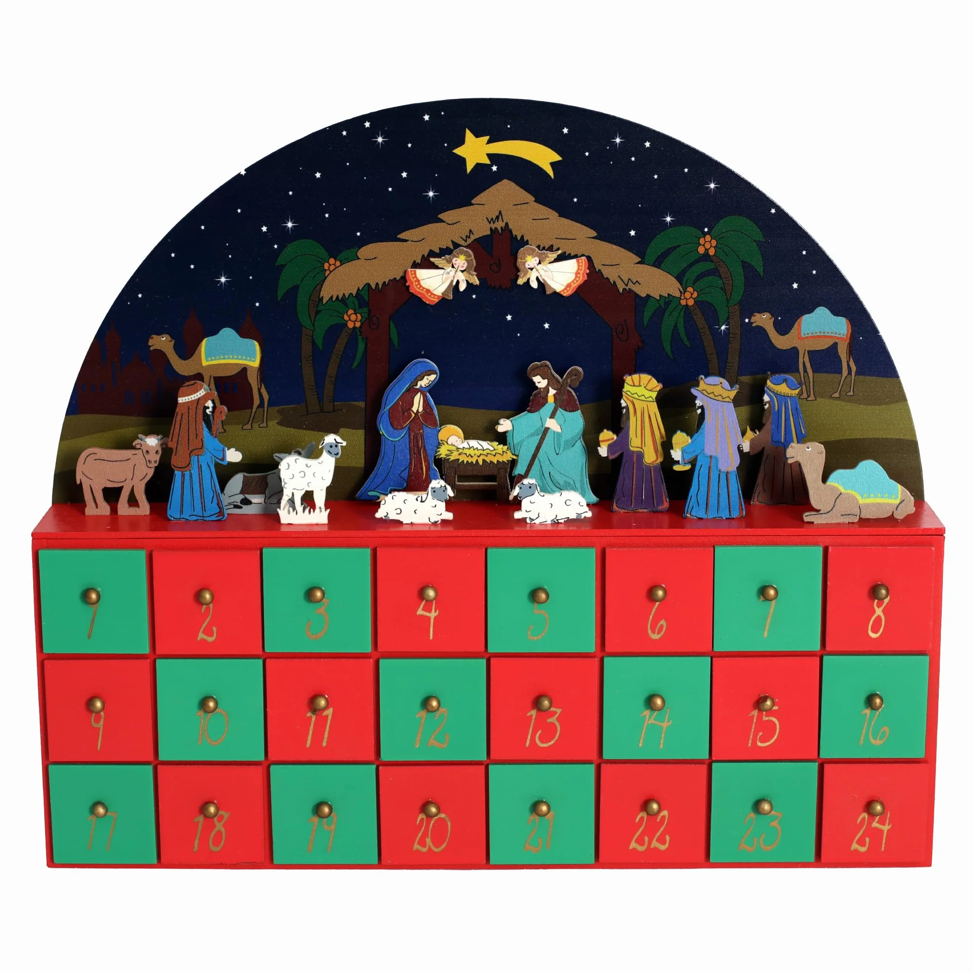 PE Caja de calendario de Adviento de madera de Navidad, belén, decoración de mesa, cuenta regresiva, regalos de vacaciones, decoración del hogar para adultos y niños