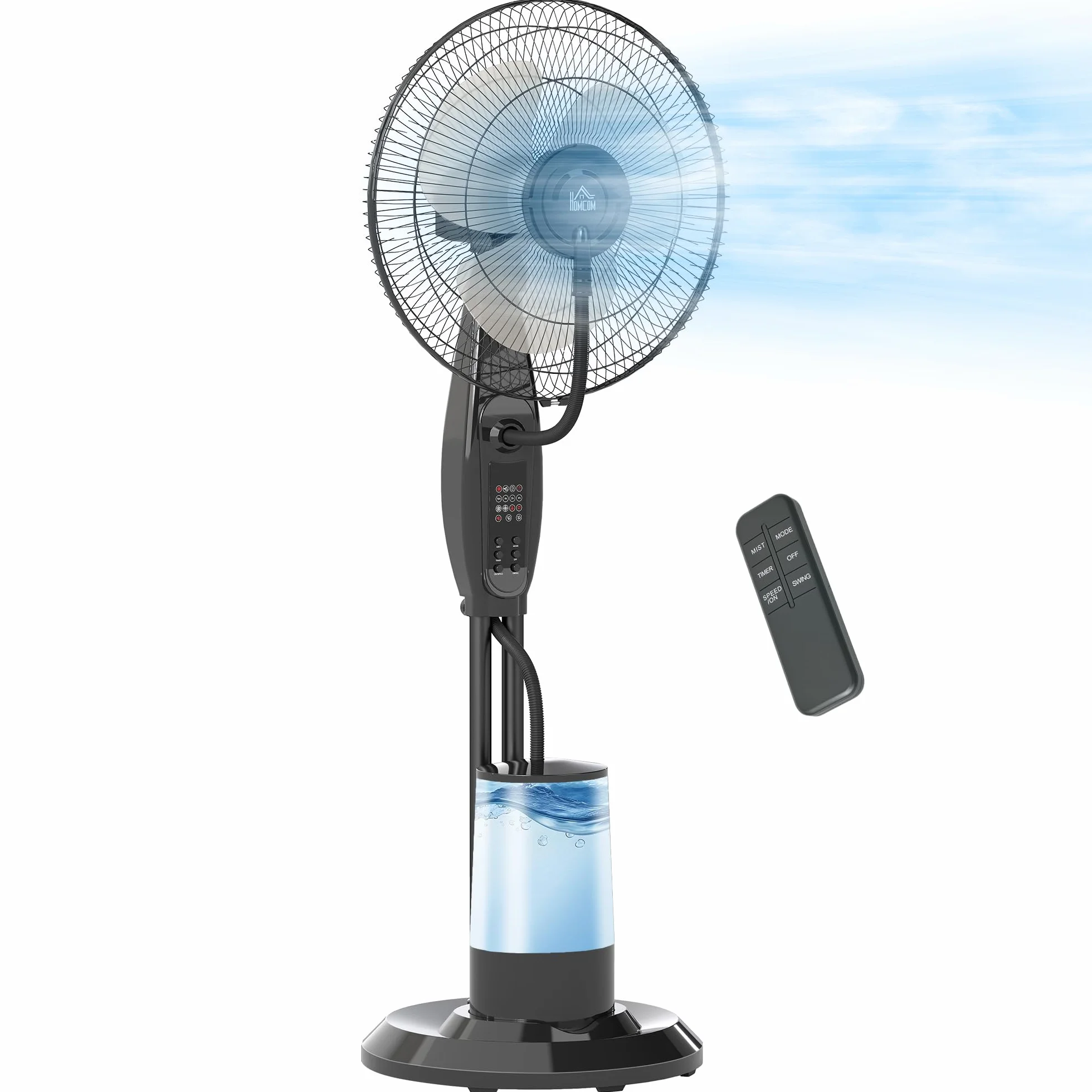 HOMCOM Ventilador Nebulizador de Agua 75 W con Mando a Distancia Ventilador de Pie Oscilante Temporizador Tanque 3,2L 3 Velocidades 3 Aspas y Pantalla LED Ø44,5 cm Negro