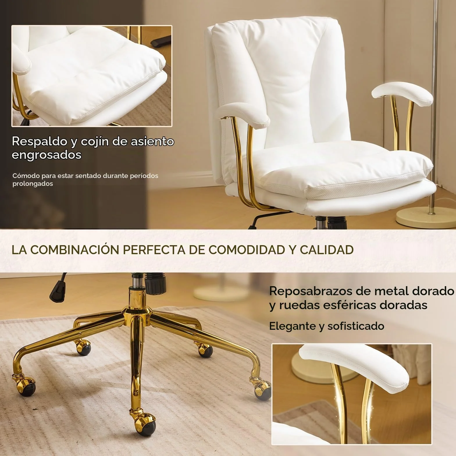Bonnlo Silla de Escritorio, Silla ergonómica con reposabrazos, Silla ejecutiva, Silla giratoria, Regulable en Altura y Función de Inclinación, Oficina en Casa, Cuero PU, Blanco