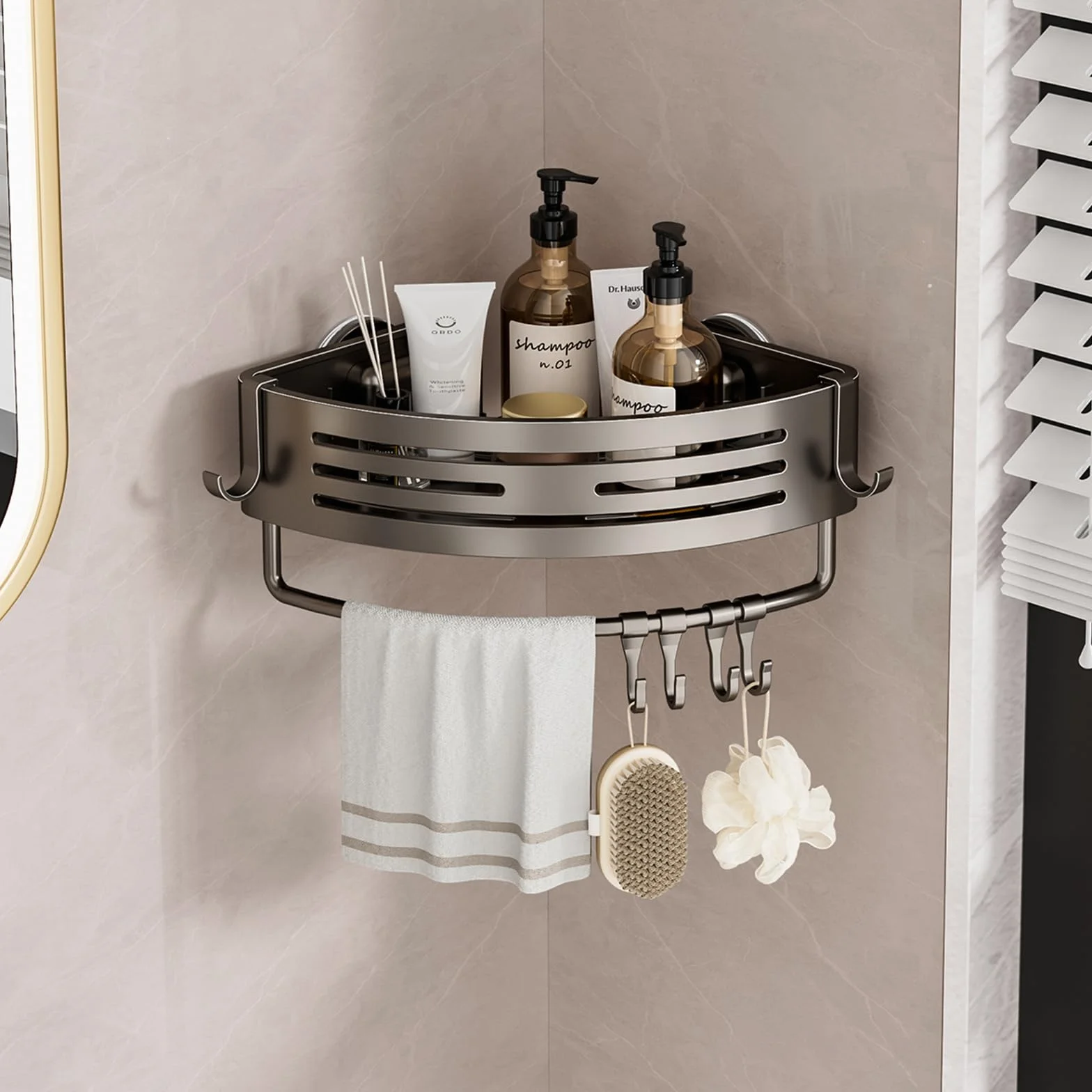 Organizador de ducha con ventosa, organizador de ducha, estante de baño extraíble, succión de almacenamiento, potente capacidad máxima de 22 libras, soporte impermeable, metal gris (estante de