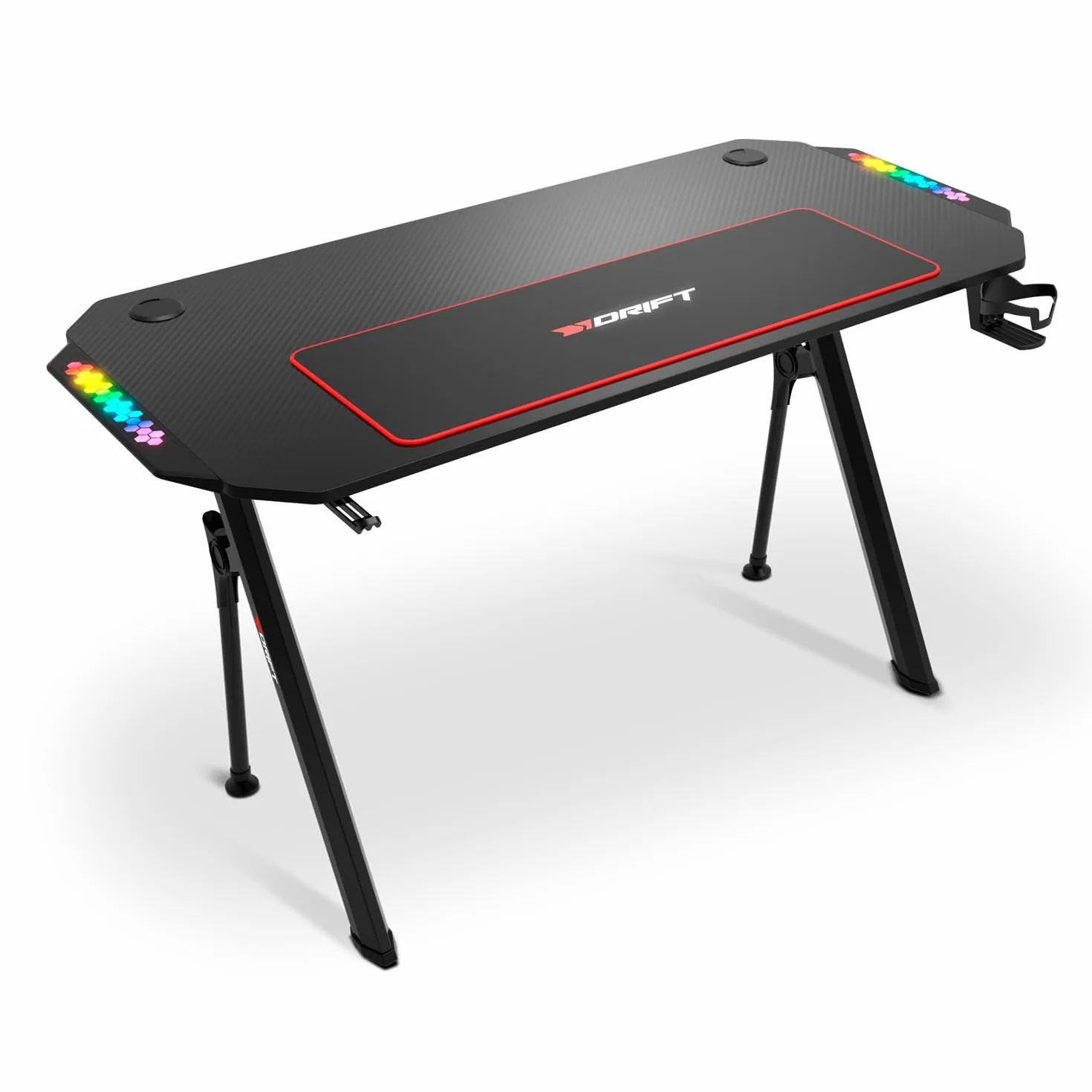 Drift Gaming DRDZ175RGB – Mesa Gaming con Tablero de Fibra de Carbono, Laterales RGB reactivos al Sonido, Alfombrilla XL, Soporte para Bebidas y Auriculares, Color Negro