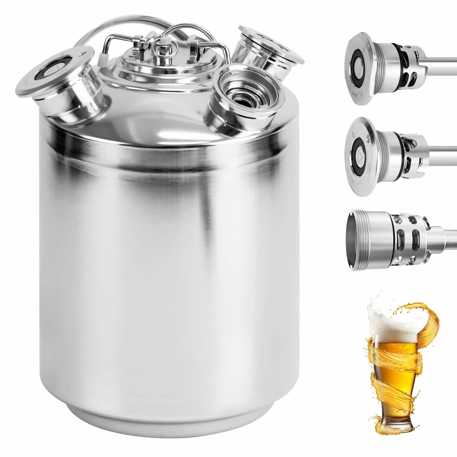 Barril de limpieza de cerveza de acero inoxidable de 10 l, 3 cabezales de limpieza con tapa, incluye pinchos A, S, G, dispositivo de limpieza de cerveza para grifo de cerveza de 10 L, acero inoxidable