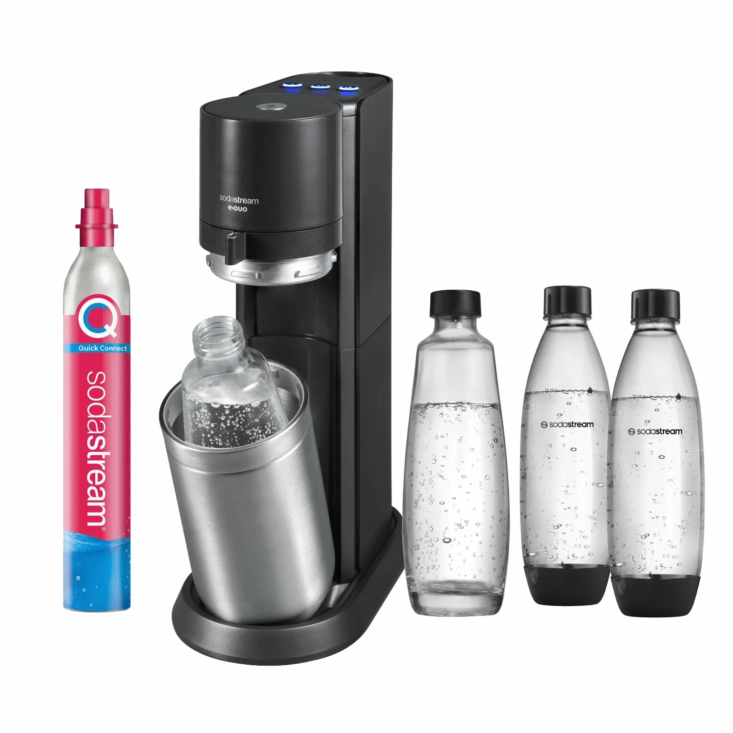 SodaStream E-Duo - Aireador de agua eléctrico con cilindro de CO2, botella de cristal y 2 botellas de plástico aptas para lavavajillas, altura: 44 cm, color: titanio