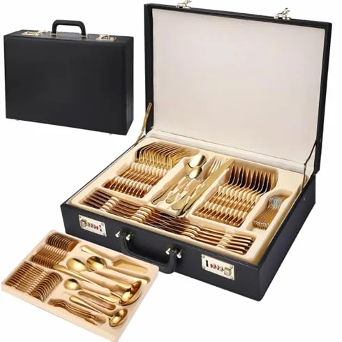 Juego de Cubiertos de Acero Inoxidable de 72 Piezas chapados en Oro, Caja de Regalo, Cubiertos de Banquete de Alta Gama con Almacenamiento de Cuero con Cerradura.