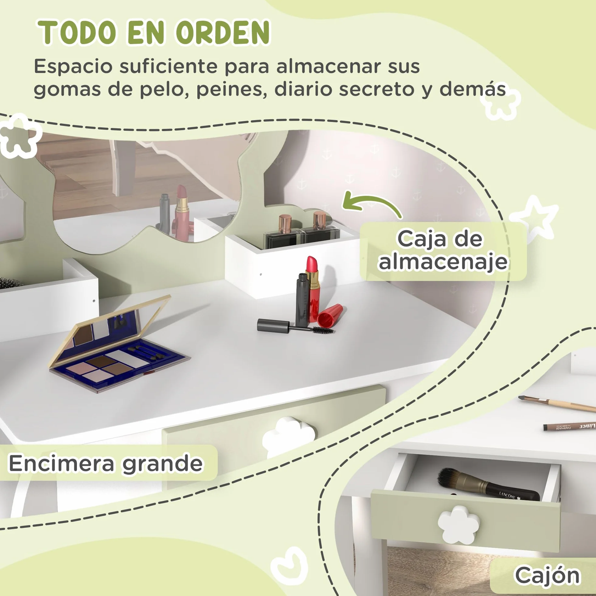 ZONEKIZ Tocador para Niñas con Espejo y Taburete Maquillaje 3-6 Años 2 Cajas 1 Cajón 55x34x87,5 cm Blanco Verde Pastel