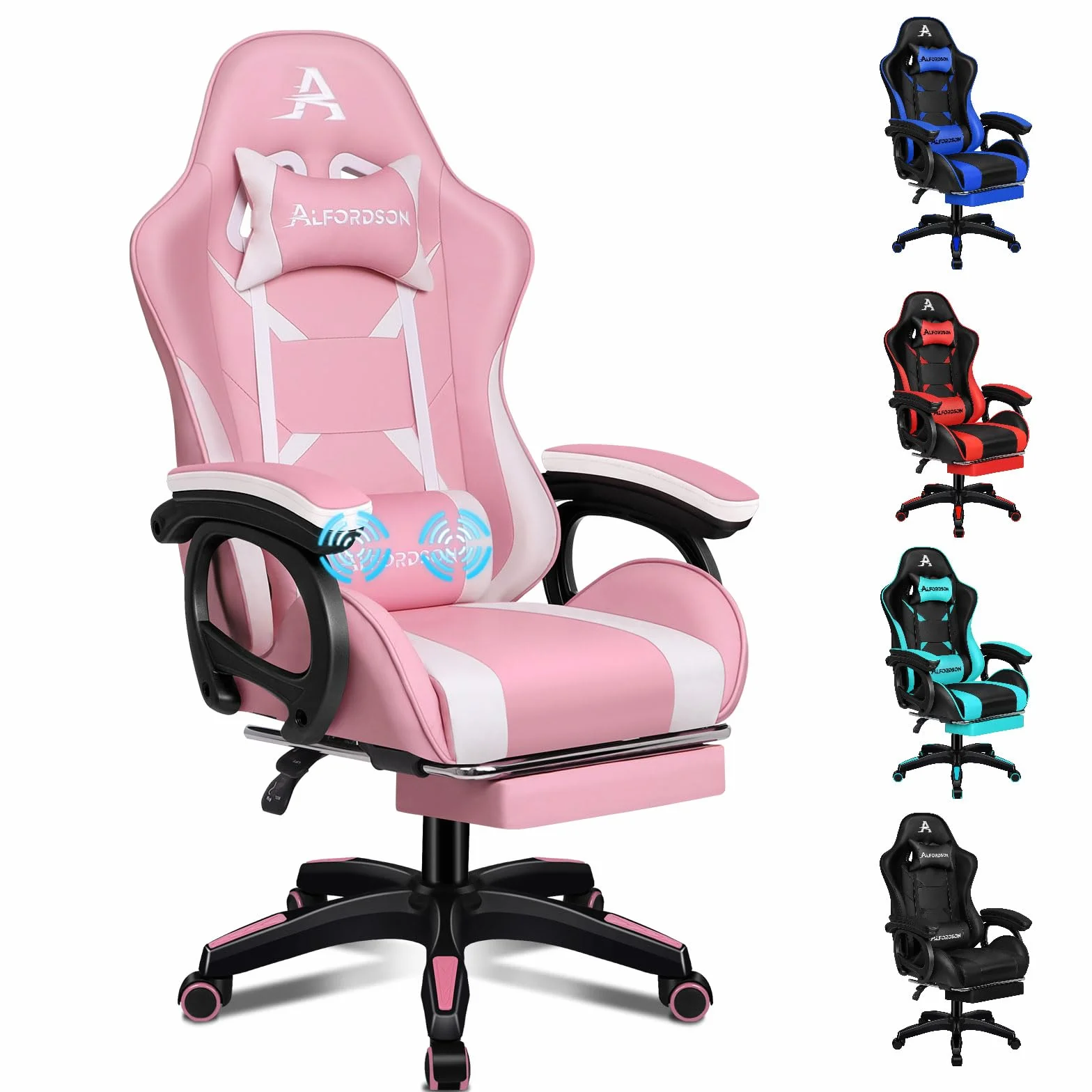 ALFORDSON Silla Gaming con Cojín Lumbar y Cervical, Silla Oficina Gamer Ergonómica Reclinable con Masajeador, Respaldo Alto Acolchado, Ideal Ordenador,Oficina,Videojuego,Escritorio, Cuero PU(Rosa)