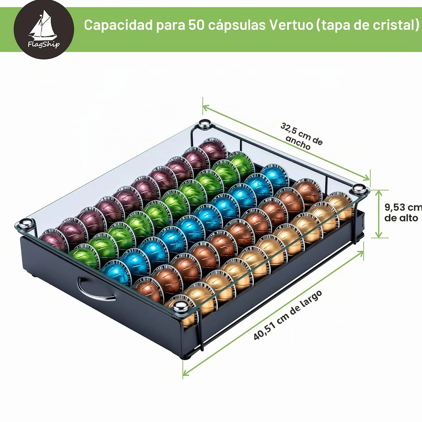 Soporte para cápsulas FlagShip Vertuo, organizador de café Nespresso, placa de vidrio 50 cápsulas