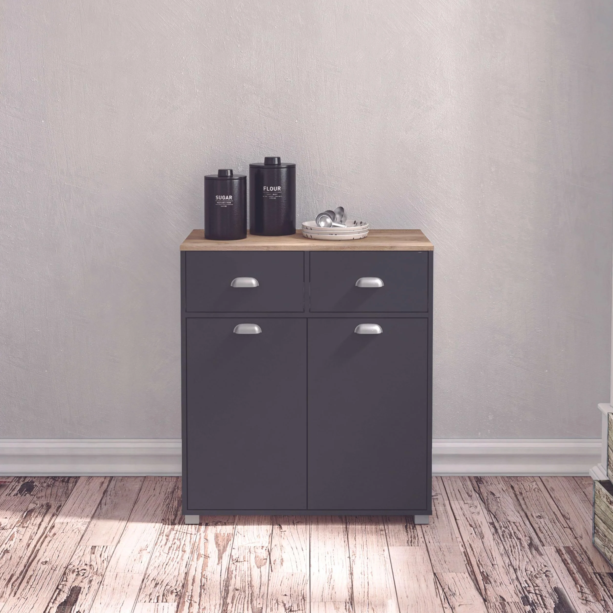SZ Suarez Buffet Bajo Cocina Asfeld Gris Grafito 2 Puertas 2 Cajones Almacenaje Mueble Auxiliar 90x80x40 cm
