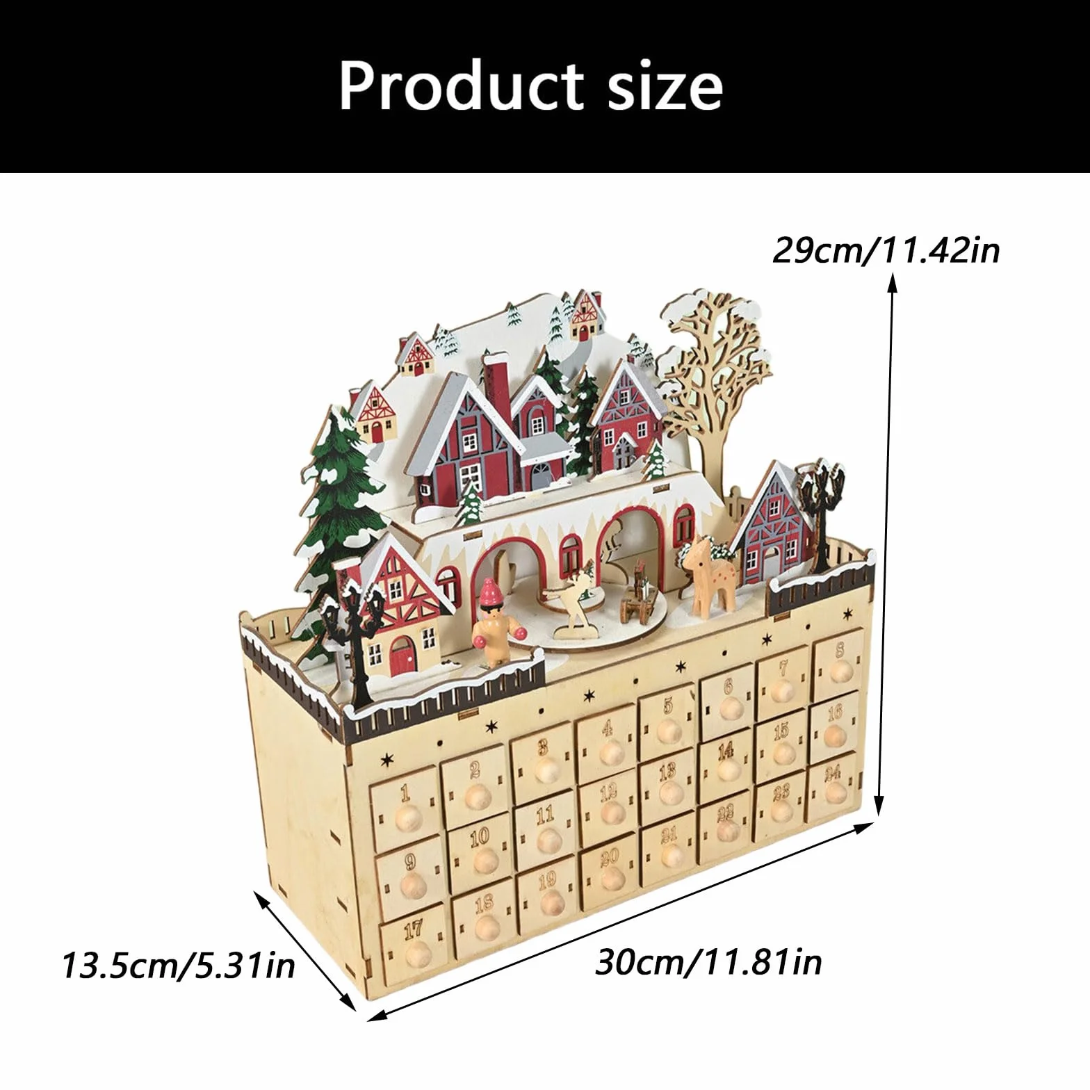 Gabinete de Calendario de Adviento de Navidad de Madera Natural con 24 Compartimentos de Regalo Adorno de Cuenta Regresiva de Casa de Pueblo Gabinete de Calendario de Cuenta Regresiva de Navidad