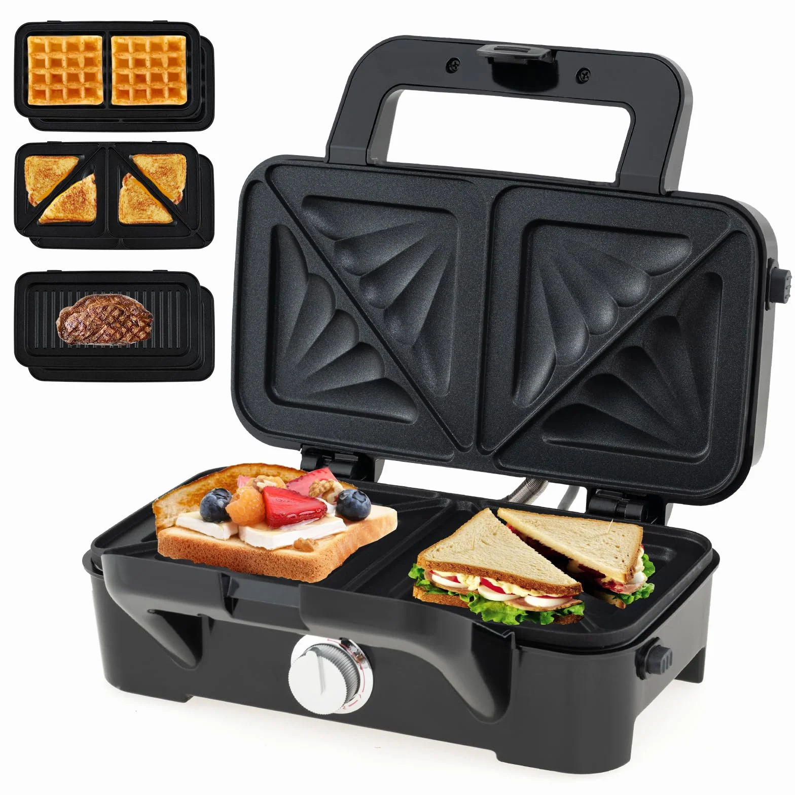 COSTWAY Sandwichera 3 en 1, 1082W Tostadora Grill con Placas Antiadherentes Extraíbles para Sándwich, Temperatura de 5 Niveles, Libre de BPA, Plancha Eléctrica para Panini con LED, Asas Frías al Tacto