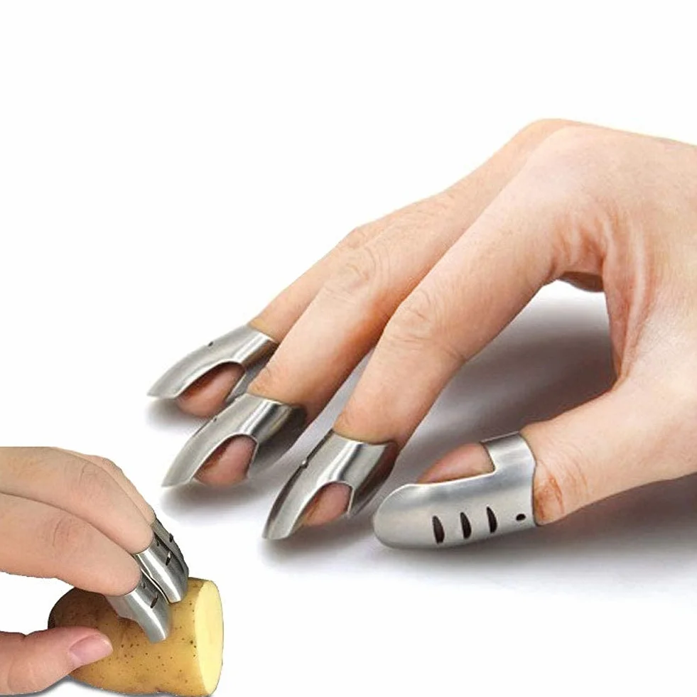HERCHR 4Pcs Protección Anti-Corte para Manos, Protector de Dedos para Cortar Verduras, Herramienta de Cocina Acero Inoxidable