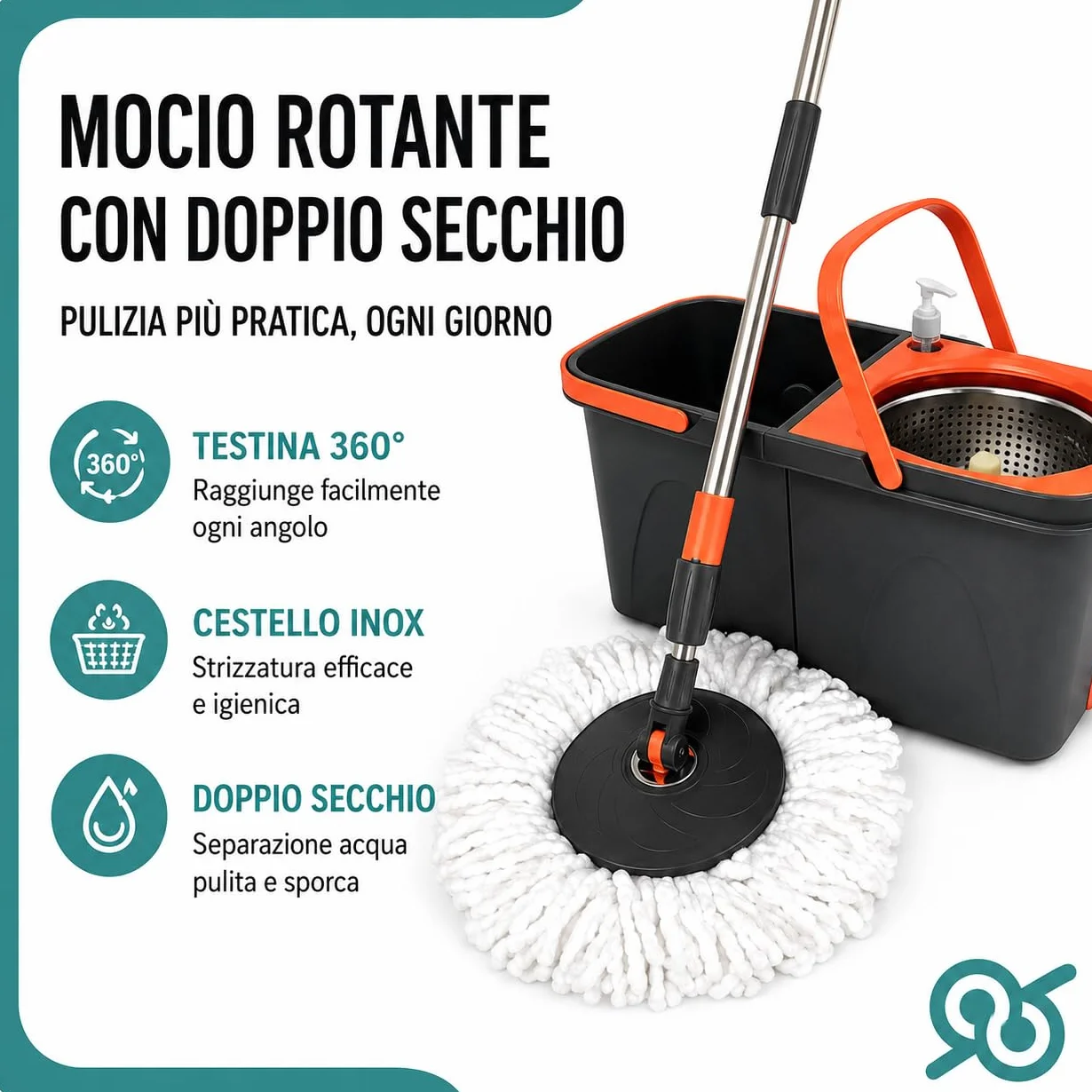 Tempo DI SALDI Juego de fregona giratoria con Doble Cubo, Cesta Inoxidable y 2 paños de Microfibra