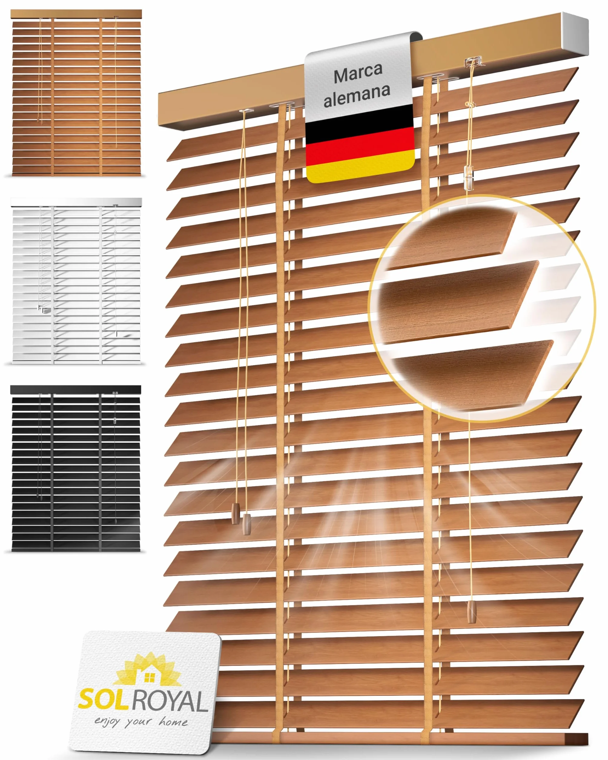 Sol Royal Persiana de Madera de 50 mm de Lamas Extra Anchas - Persiana para Ventana de 70x250 cm de Madera de fácil instalación en Pared y Techo - Roble - BE5