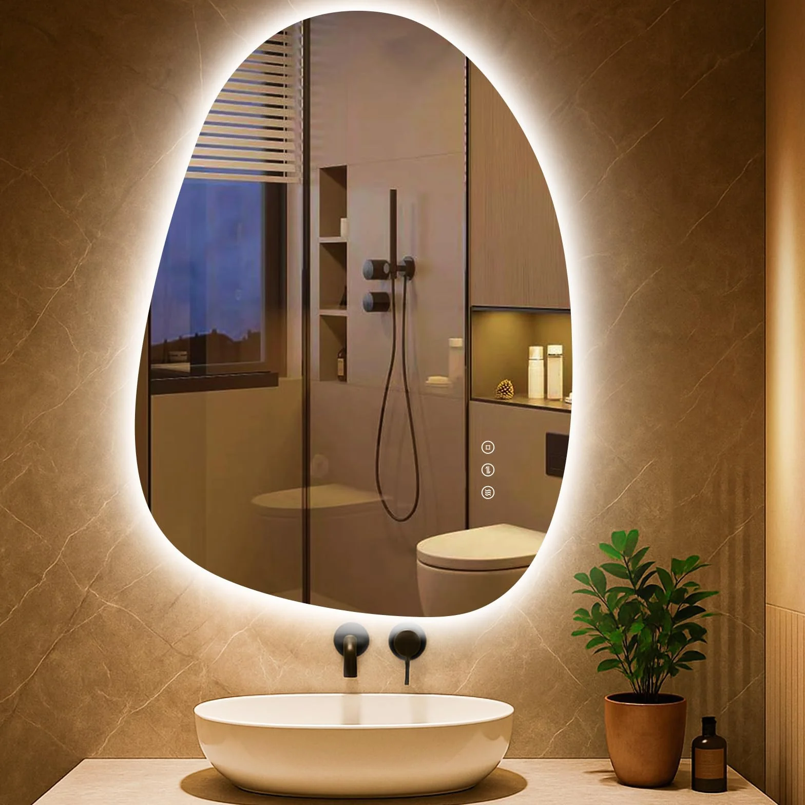 Espejo de baño LED asimétrico con luces, 83 x 60 cm, sin condensación, 3 colores claros, espejo ajustable para baño, con iluminación, regulable, función de memoria, ahorro de energía