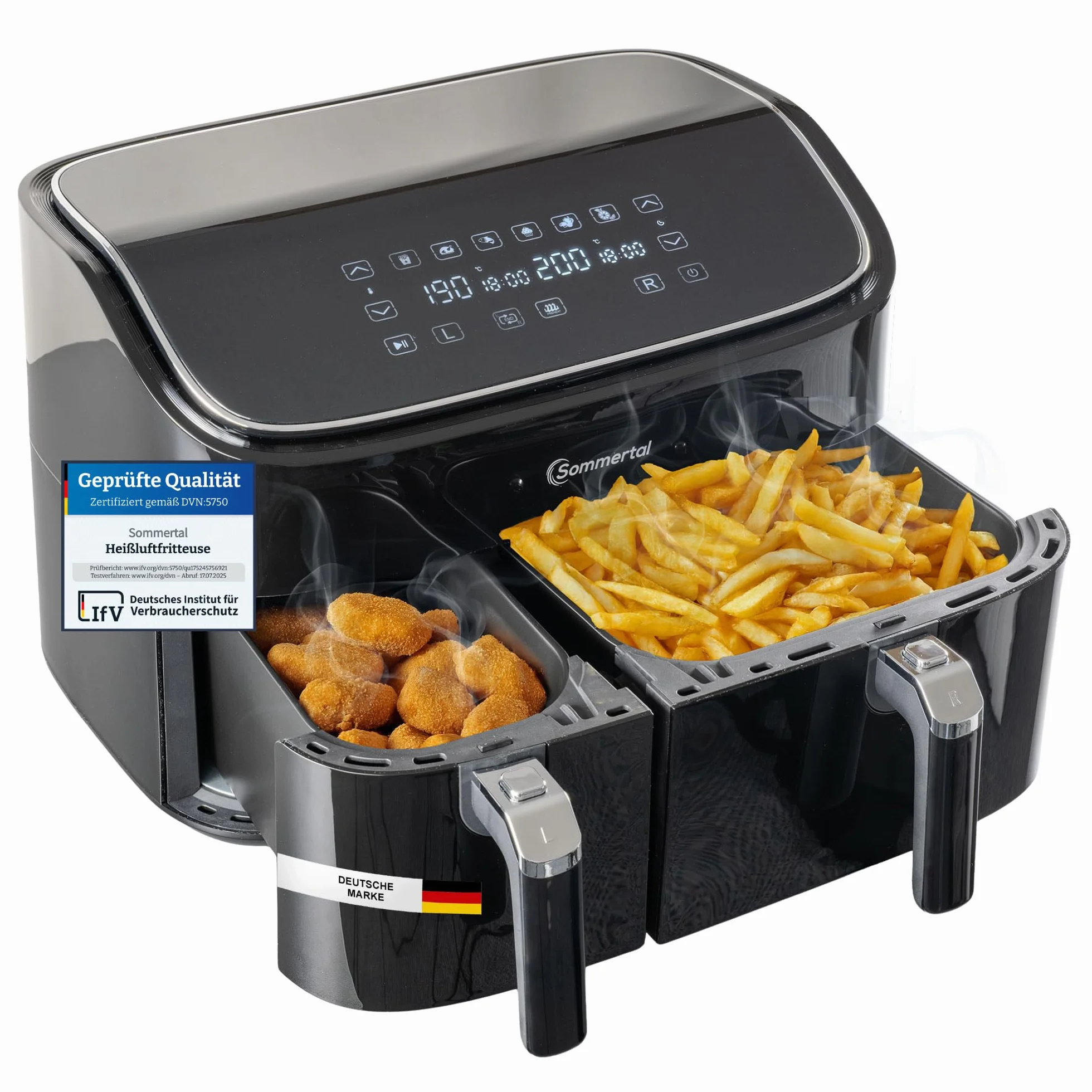 Sommertal HF DUAL 900 Freidora de Aire Doble de 9 litros, freidora de aire con 2 cestas, 2850 W, con función de puerta, sincronización, pantalla táctil, 6 programas, apta para lavavajillas, sin BPA