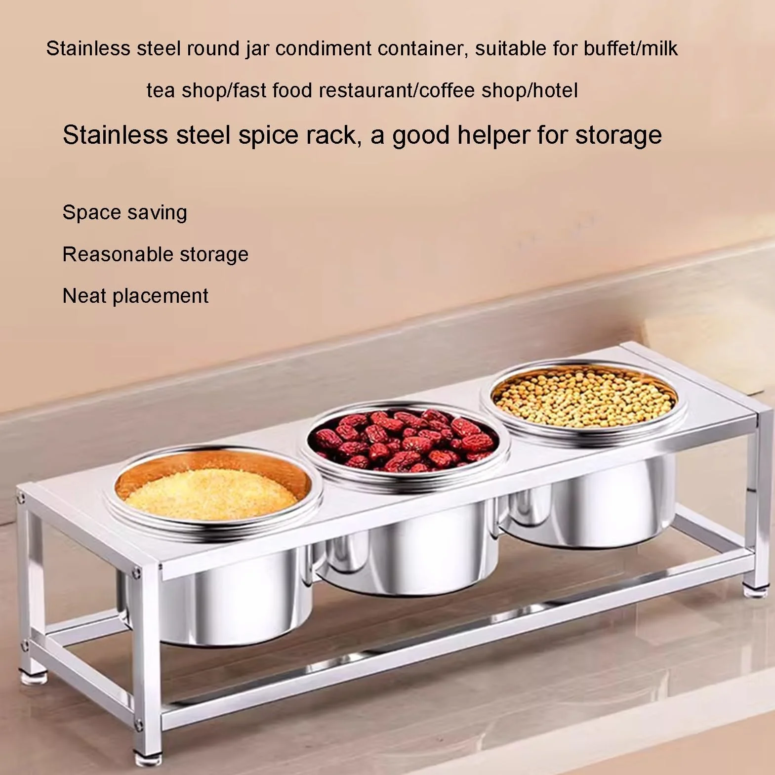 Juego de especias comercial, estantes de acero inoxidable para condimentos con sartenes y tapas, dispensador de especias para condimentos, ensalada, mermelada, ingredientes, recipiente de alimentos