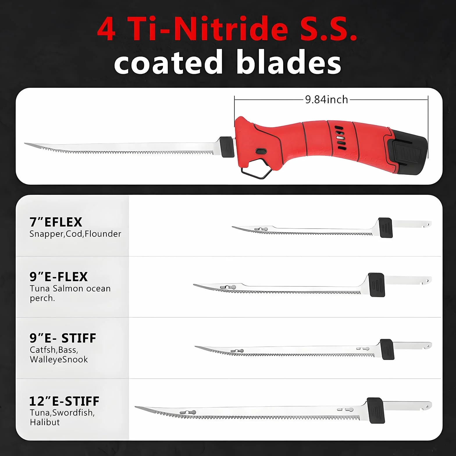 Cuchillo De Filete Eléctrico para Pescado, Cuchillo De Fileteado De Pescado Inalámbrico con 4 Cuchillos De Filete Recíprocos Antiadherentes De Nitruro De Titanio SS