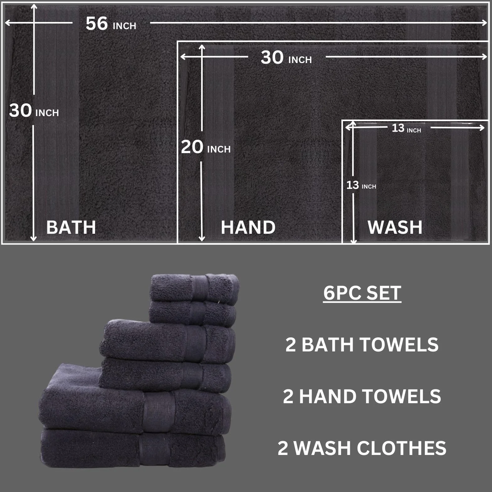 Toalla de baño ultrasuave y de alta calidad, 700 g/m², juego de 6 piezas, 2 toallas de baño, 2 toallas de mano y 2 toallas de baño, 100% algodón, suaves, absorbentes, de lujo (negro)