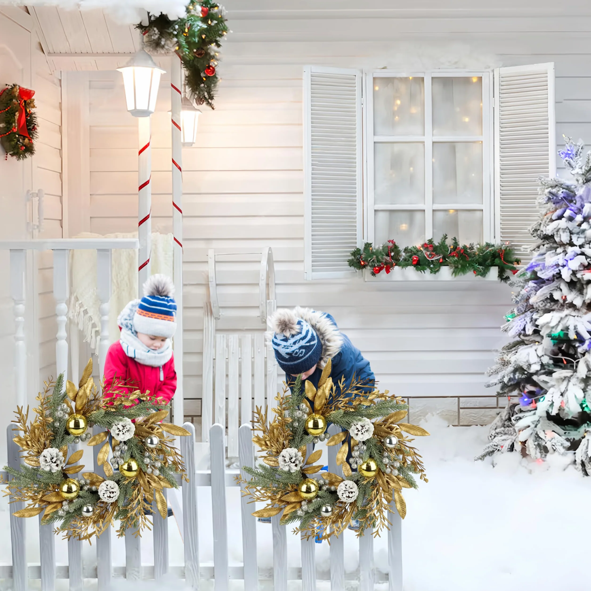 Zavothy Corona de Navidad de 50 cm, Corona de Puerta Artificial de Navidad con Piñas y Bolas de Navidad, Corona de Adviento, Decoración de Navidad, Dorado