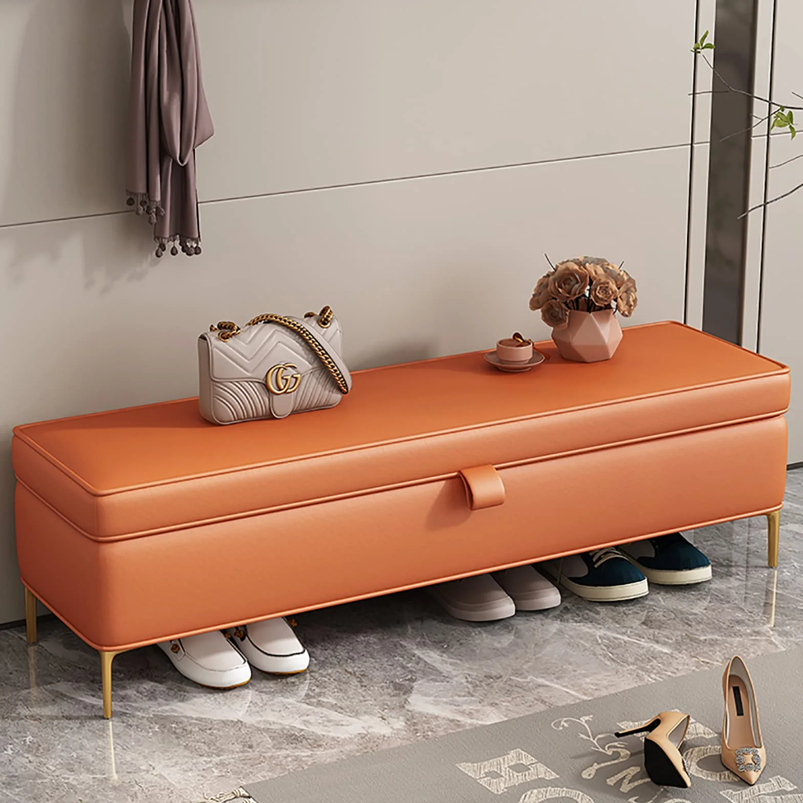 LUUYYI Banco de almacenamiento moderno de piel sintética blanca otomana elegante para guardar zapatos, versátil mueble de dormitorio para zapatos y artículos esenciales (naranja, 60 x 40 x 45 cm)