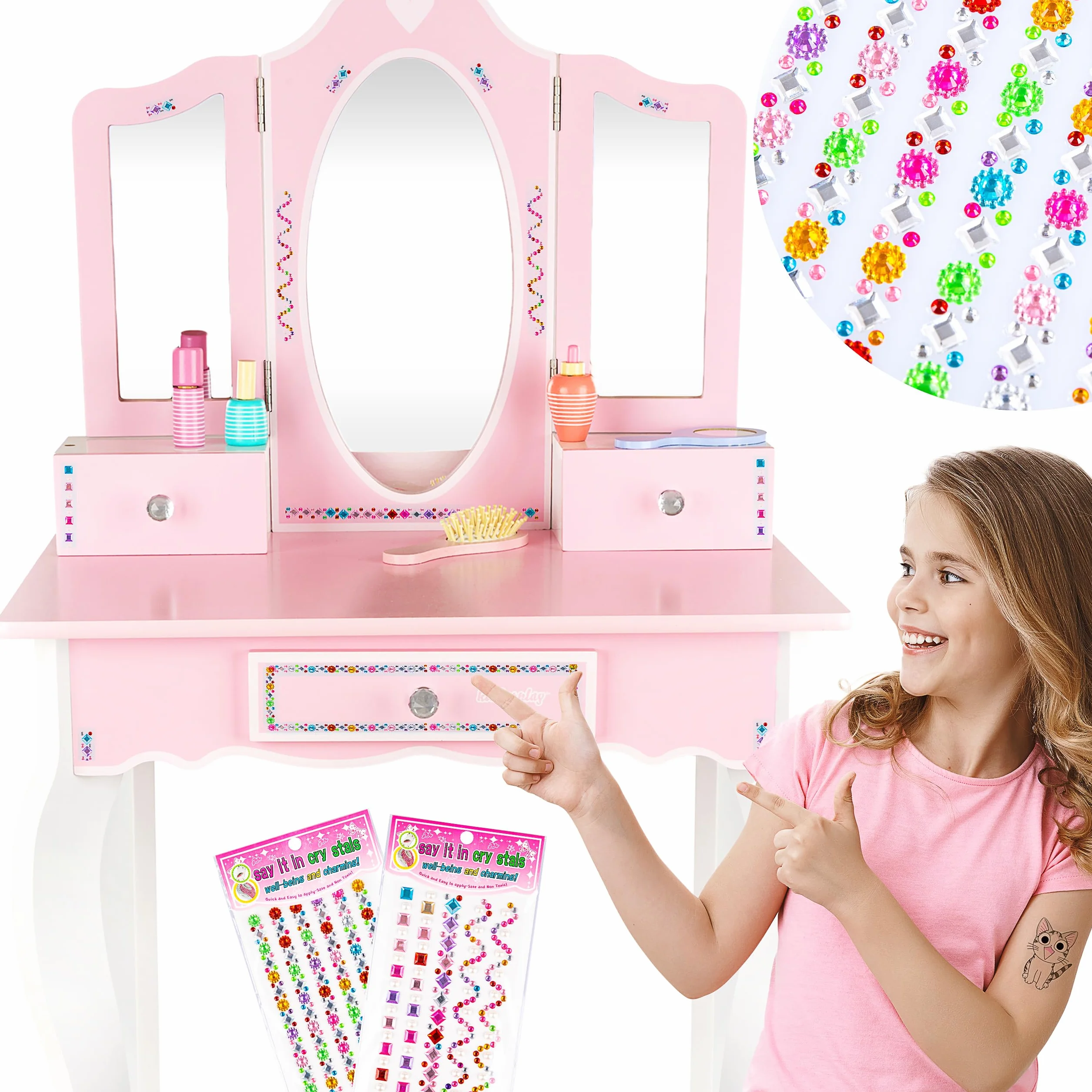 Tocador Infantil de Madera con Espejo y Accesorios Rosa Green Series GS3300