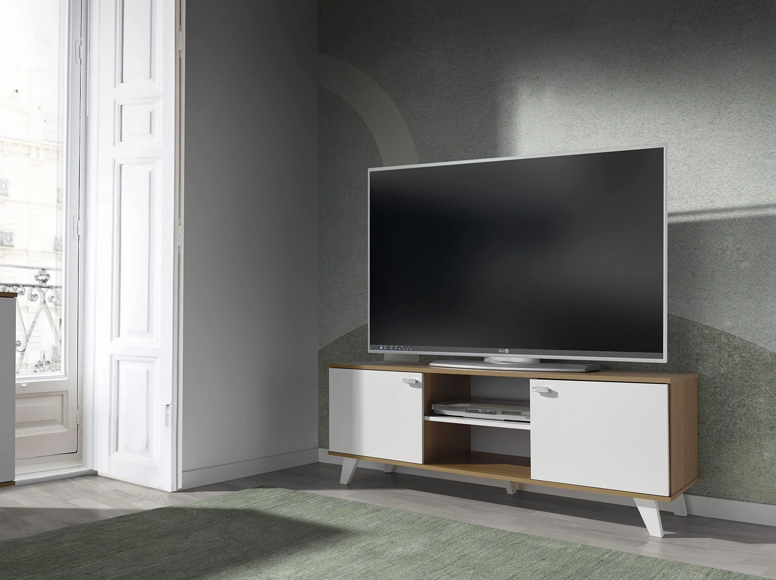 MOMMA HOME Mueble TV, Mueble de Salón Moderno, Mesa de televisión 2 Puertas y Baldas centrales, Acabado en Roble y Blanco, Patas de Madera, QUIATUR, 140 cm L x 51 cm A x 40 cm F.