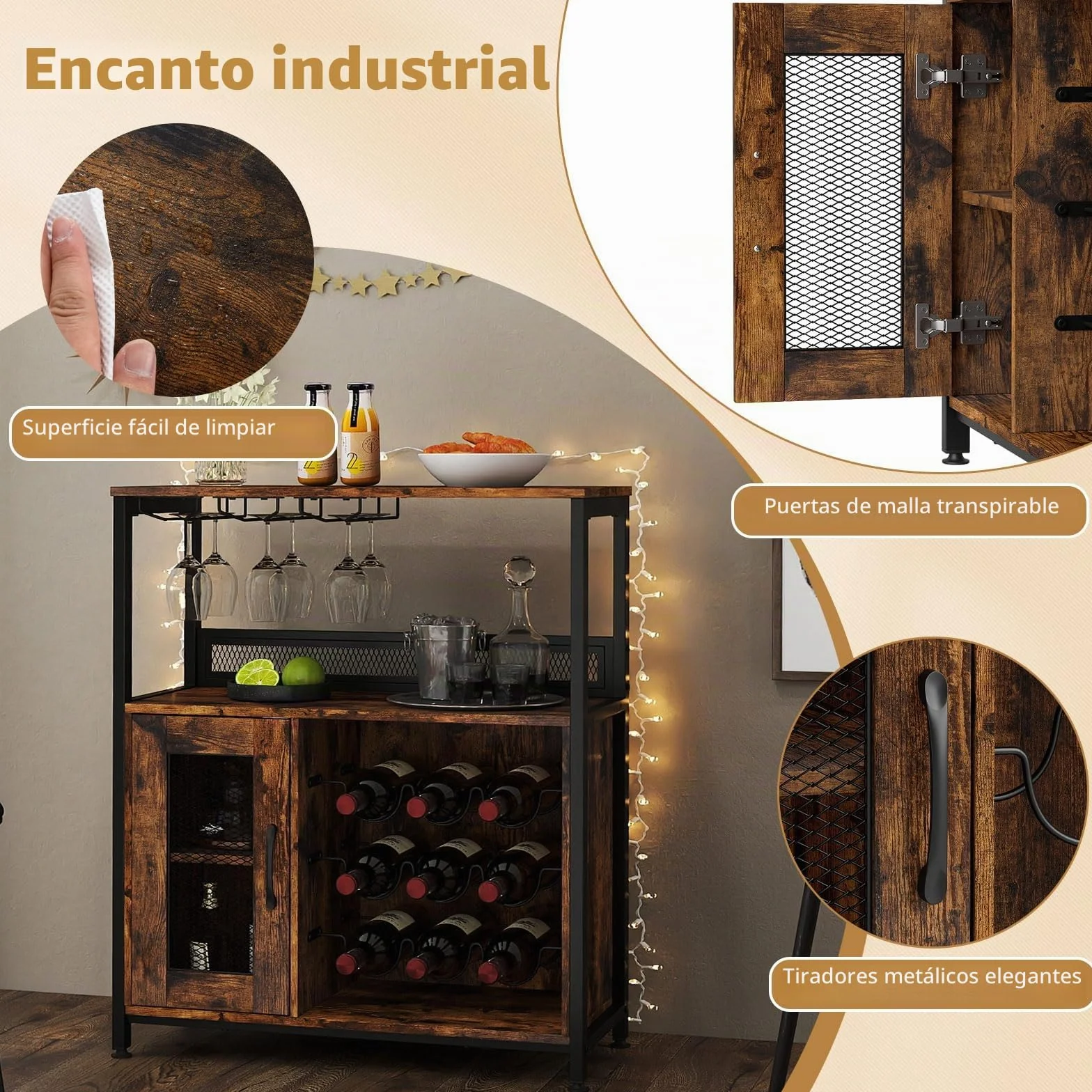 GIANTEX Mueble Organizador de Bar con Estantes para 9 Botellas y 3 Portavasos, Armario para Vino con Puerta de Rejillas, Kit Antivuelco, 75 x 34 x 90,5 cm, Aparador para Cocina, Comedor