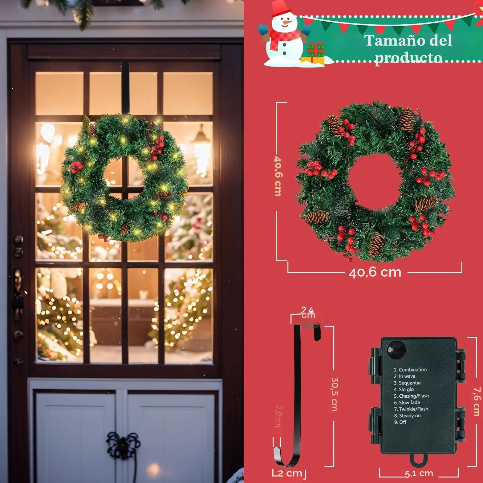 16in Corona Navidad Puerta Grande con 40LED Luces, Guirnalda Navidad Verde con piñas y Frutos Rojos, Artificial Corona Navideña Decoración Navidad para Puerta, Chimenea, Pared, Ventana