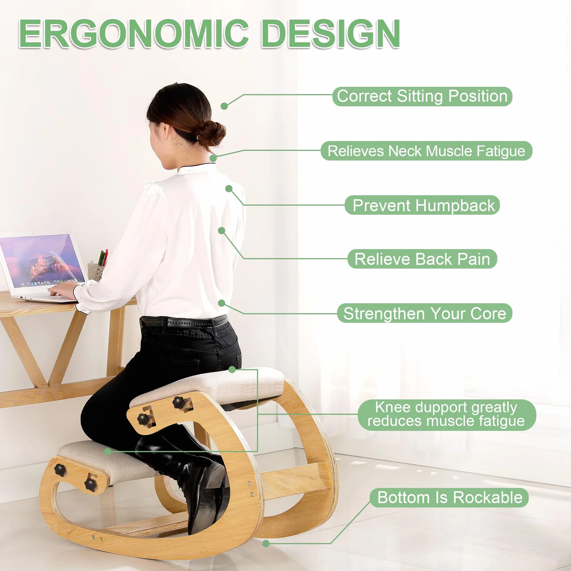 Predawn Silla Ergonómica Rodillas, Silla Rodillas, Silla de Rodillas, Sillas Ergonomicas, Taburete Ergonomico, Oficina y Meditación, Madera y Cojín de Lino (Roble Blanco)