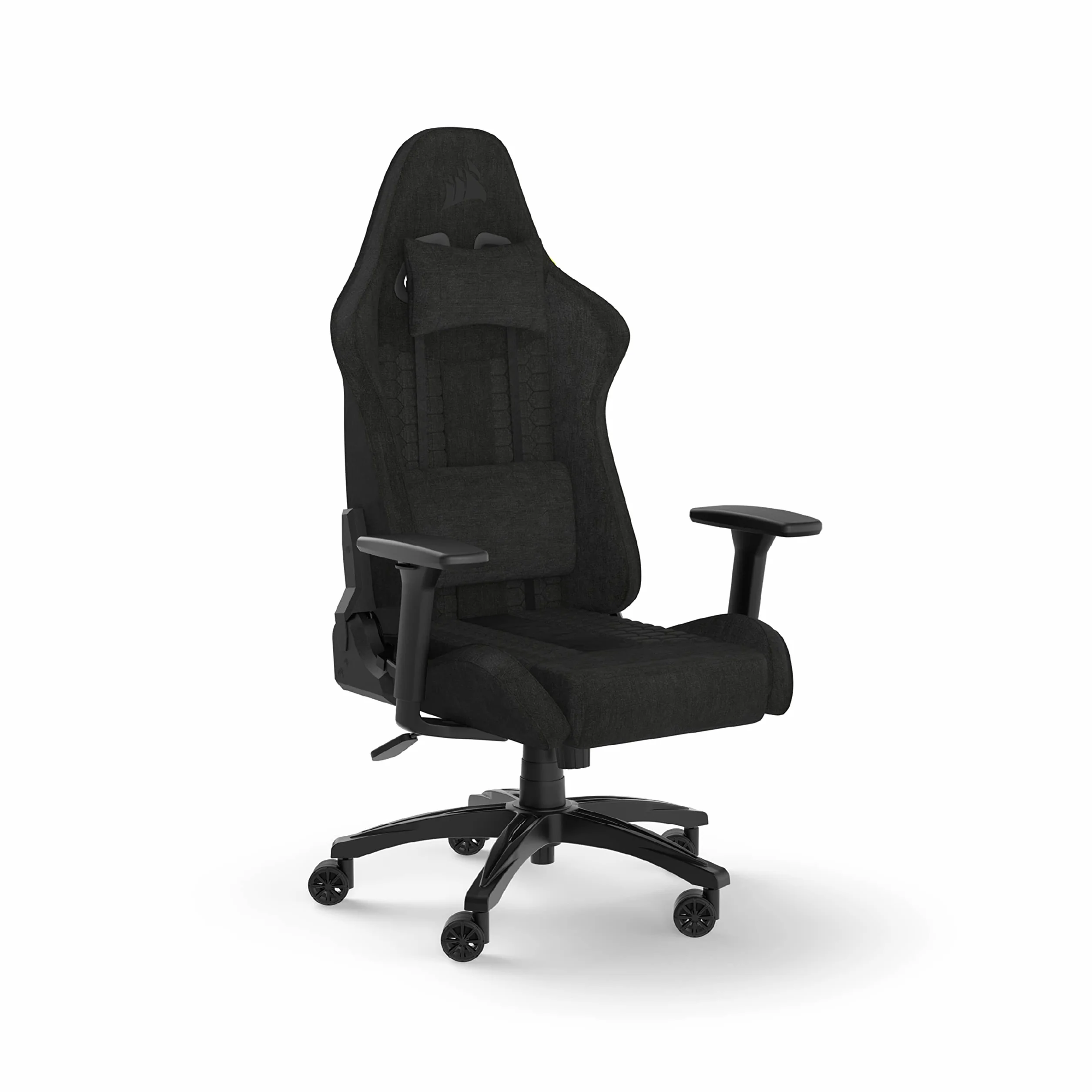Corsair TC100 Relaxed Silla para Juegos - Negro | Fabric, Diseño Inspirado en Las Carreras, Cojín lumbar, Almohada Cervical Extraíble de Espuma Viscoelástica
