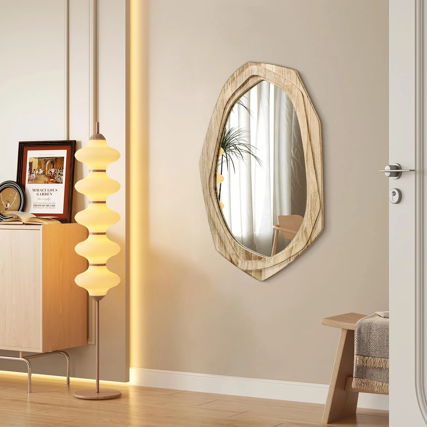 AAZZKANG Espejo de pared irregular grande con marco de madera, 70 x 45 cm, espejos colgantes asimétricos rústicos para baño, dormitorio, sala de estar, entrada