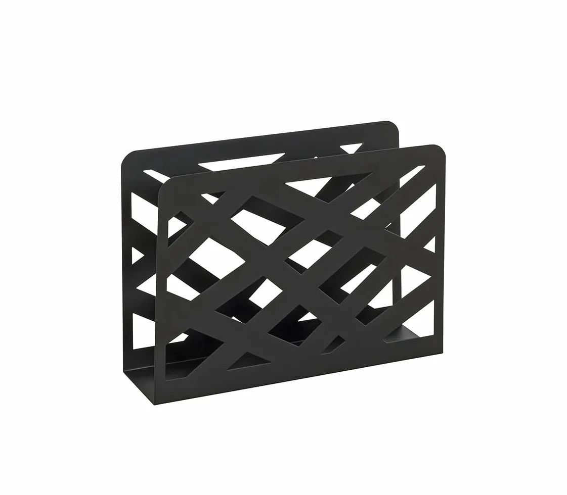 HAKU Revistero de metal negro con perforaciones trapezoidales, soporte para periódicos y cesta para revistas, An 35 x Al 26 x Pr 10 cm