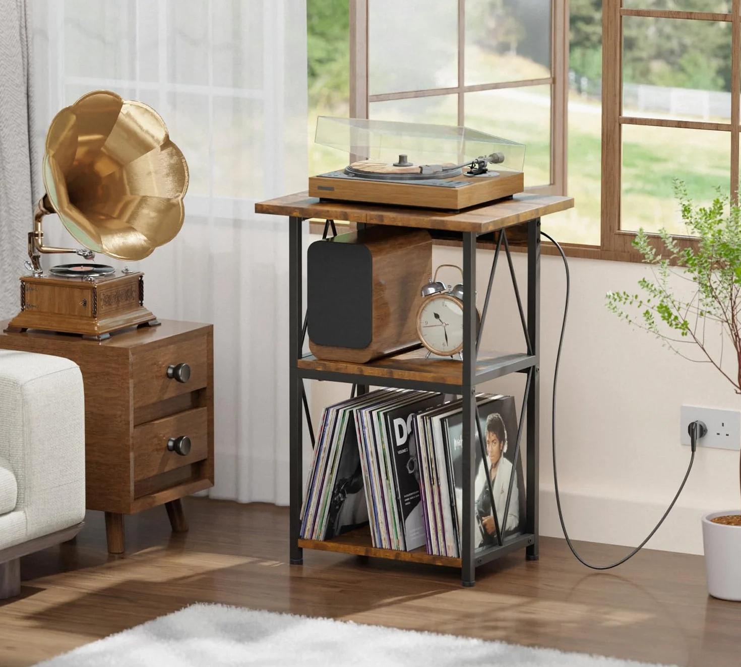 HFHOME Soporte ampliado para tocadiscos con estación de carga, mesa auxiliar de 3 niveles con almacenamiento de discos de vinilo, mesa de tocadiscos con almacenamiento, soporte giratorio para