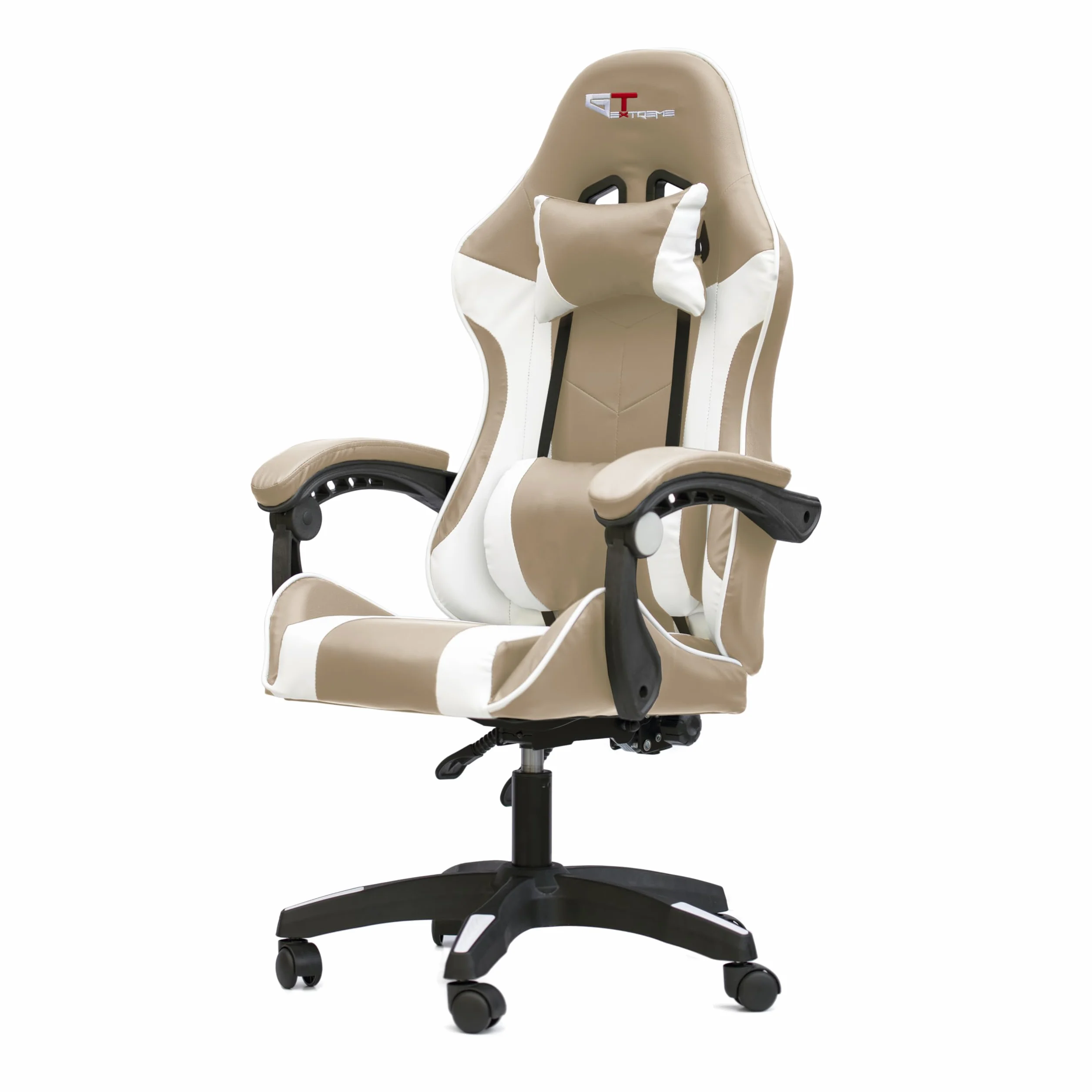 Silla de oficina para juegos GT Extreme de cuero ecológico (Beige y blanco)