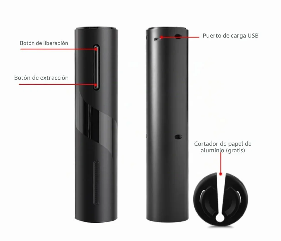 Sacacorchos Eléctrico Recargable Inalámbrico, Abrebotellas Automático Profesional, Negro