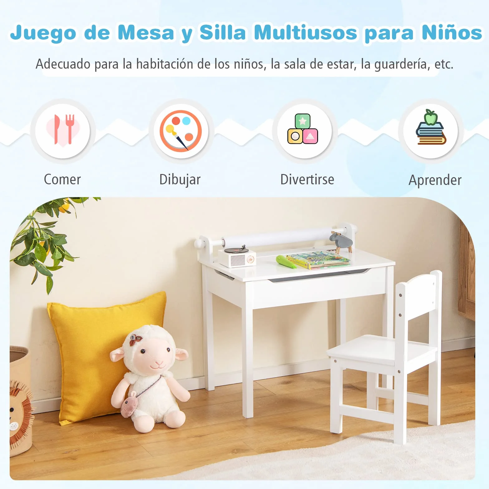 COSTWAY Juego de Mesa y Silla Infantil de Madera, Mesa de Actividades con Soporte para Rollo de Papel, Escritorio para Dibujar y Estudiar (Blanco)