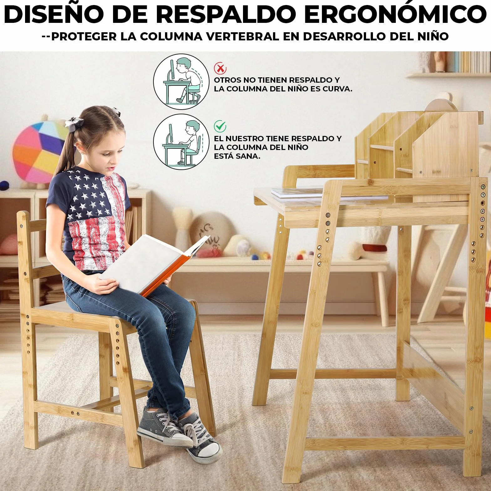 Escritorio Infantil Bambú con Silla Ajustable, Mesa Madera Estudiante, Soporte Libros Almacenamiento Natural