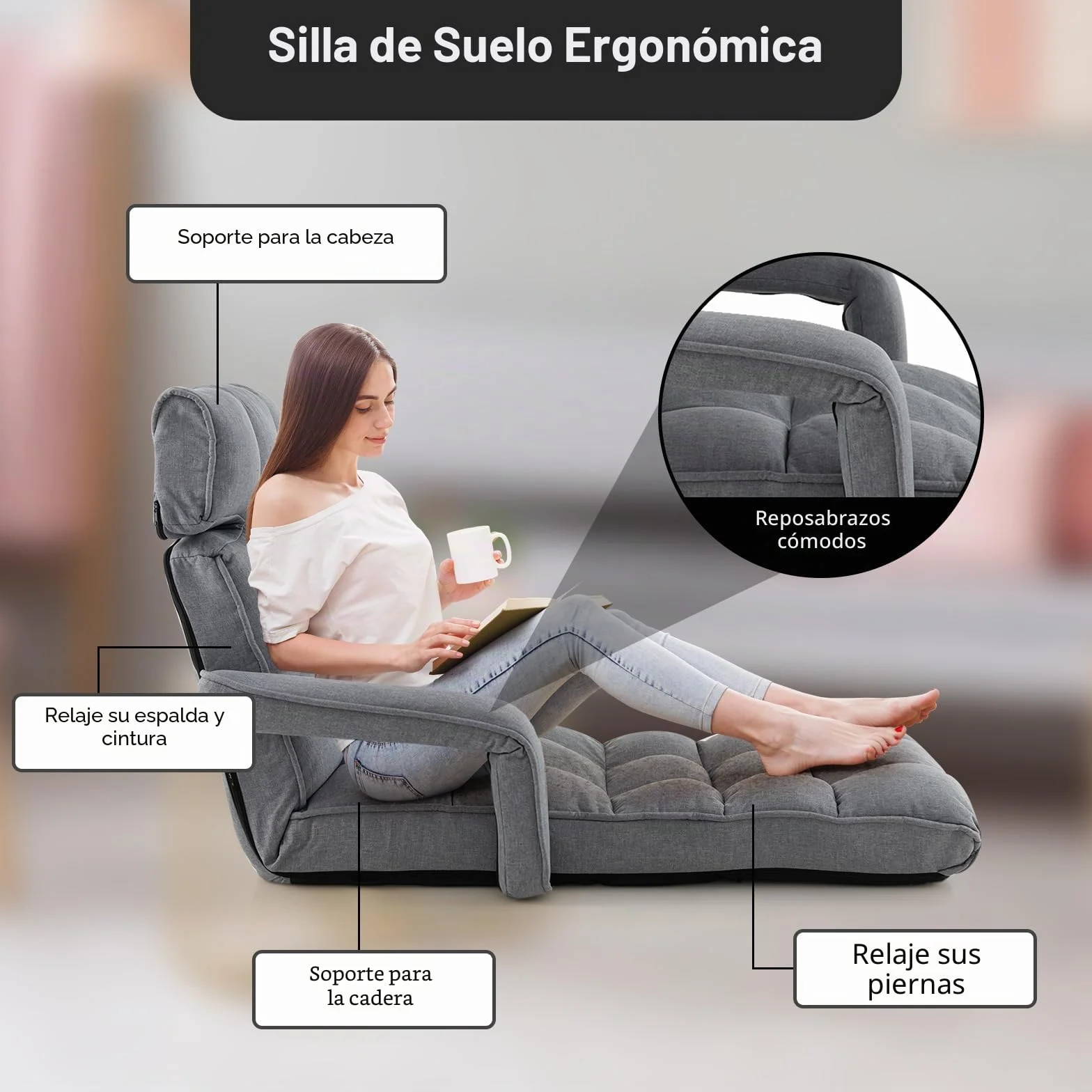 GOPLUS Sillón Relax Reclinable en 6 Posiciones, Sillla Suelo Plegable con Cojín Acolchado, Sofá Orejero Individual para Lectura y Gamer en Dormitorio,196 x 72 x 19.5 cm, Gris (Gris Oscuro)