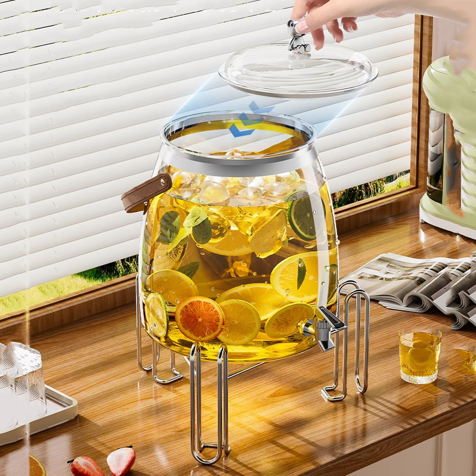 Dispensador de Bebidas de Vidrio con Soporte y Tapa, Grifo de Acero Inoxidable A Prueba de Fugas, Dispensadores de Bebidas para Frigorífico, Dispensador de Limonada(9L)