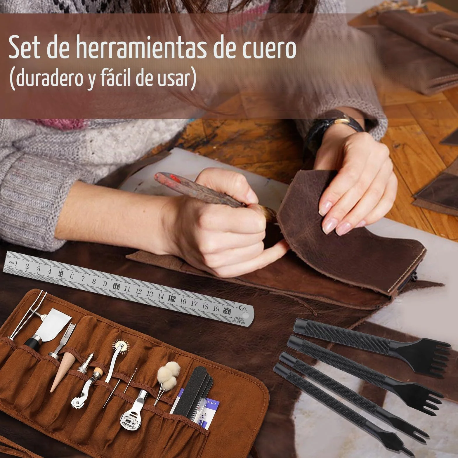 Benlay Herramientas de trabajo de cuero, herramientas de artesanía y accesorios, kit de herramientas de trabajo de cuero con bolsa enrollable y manual