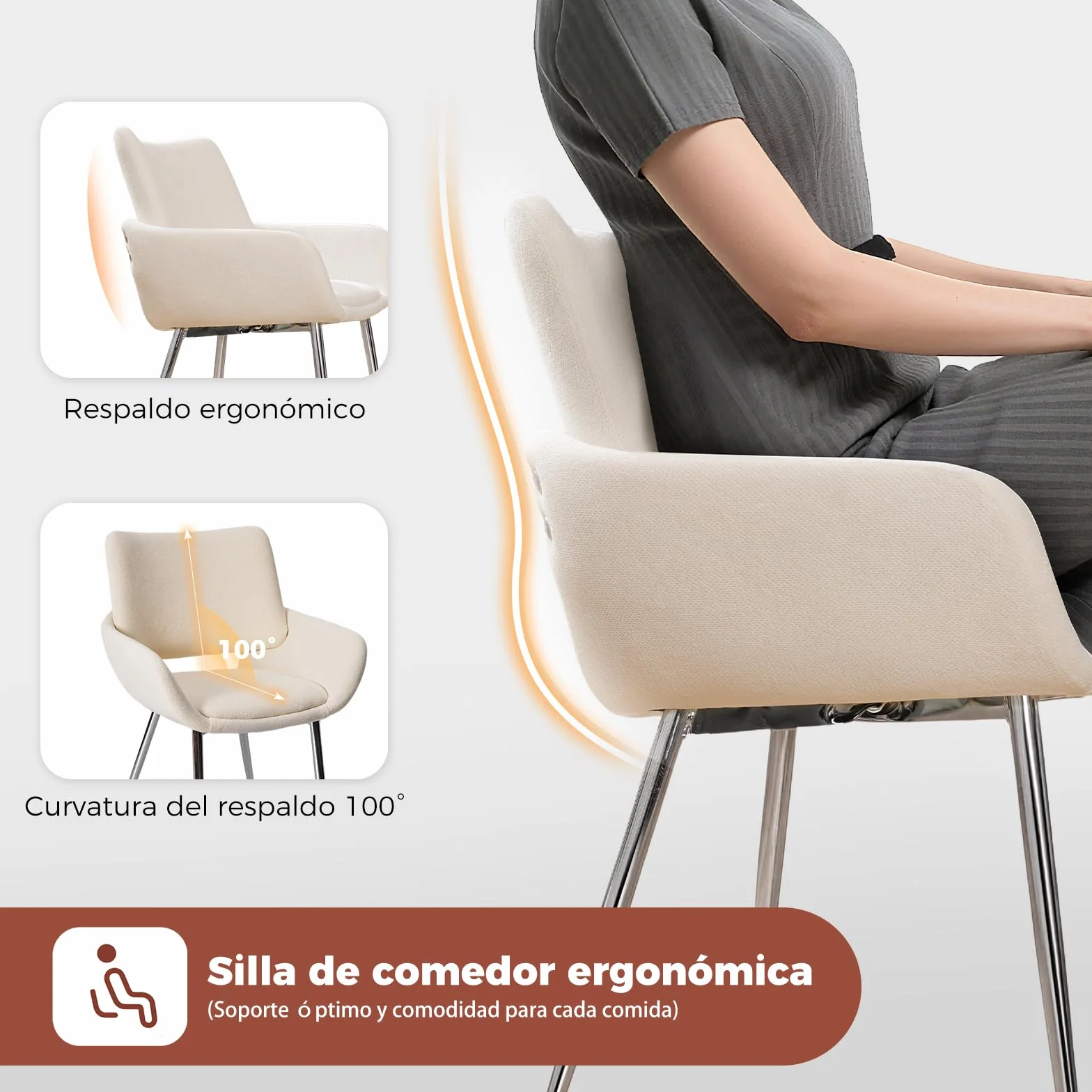 ELUCHANG 4 Sillas de Comedor, Chenilla​ Blanco Hueso, con Respaldo y Reposabrazos,Patas metálicas, para Comedor, Tocador, Cocina, Estables 150 kg