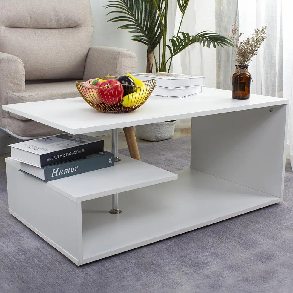 BAKAJI Mesita de salón Blanca para Sala de Estar, café, para Ordenador, Mesa de salón Lateral, sofá con Doble Estante y Estructura de Madera, diseño Moderno, 41 x 91 x 52,6 cm, decoración para el