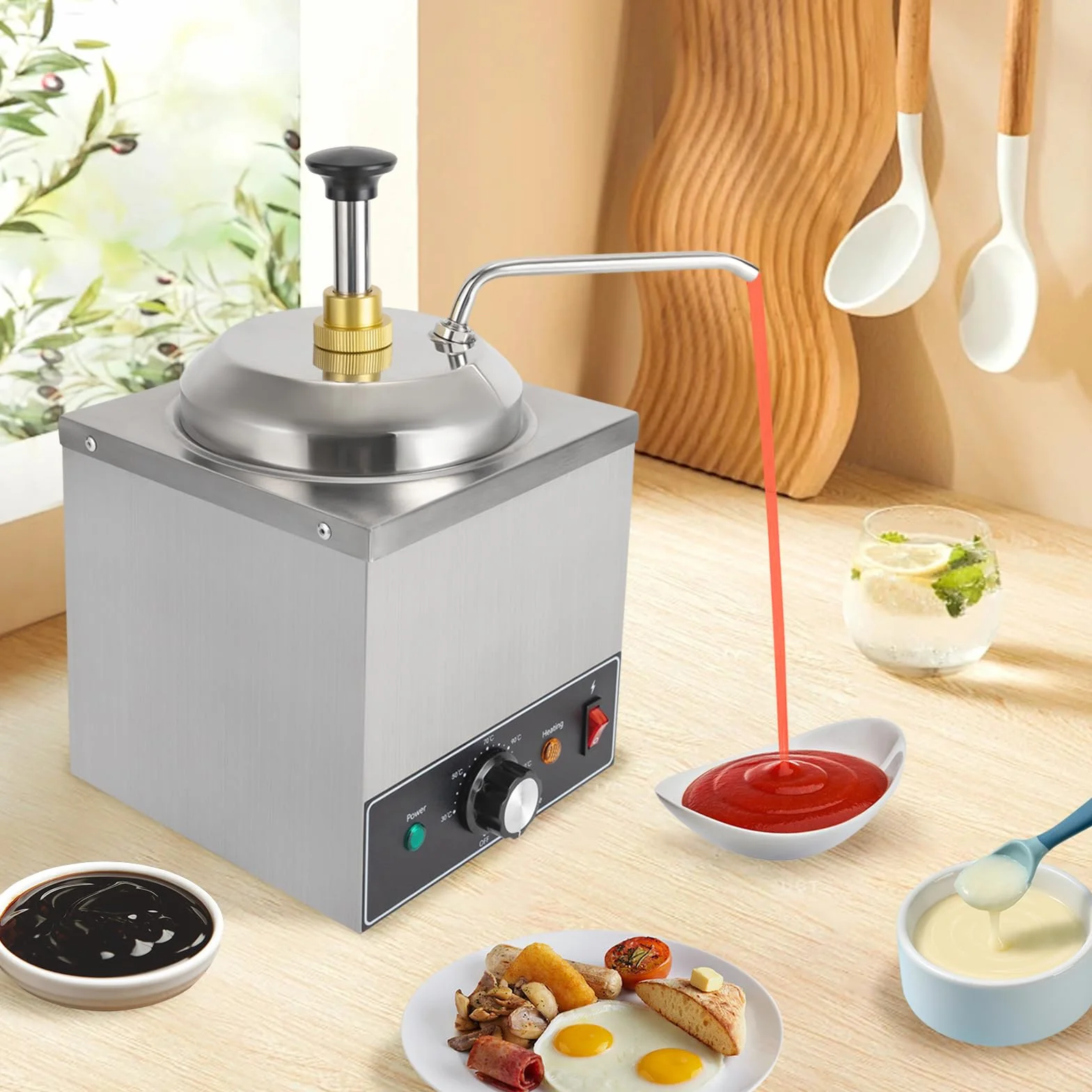 Dispensador de chocolate con bomba, calentador de salsa de acero inoxidable, capacidad de 2 litros, temperatura ajustable 30-110 ℃, ideal para cafés, snack bar y restaurantes para almacenar salsas y