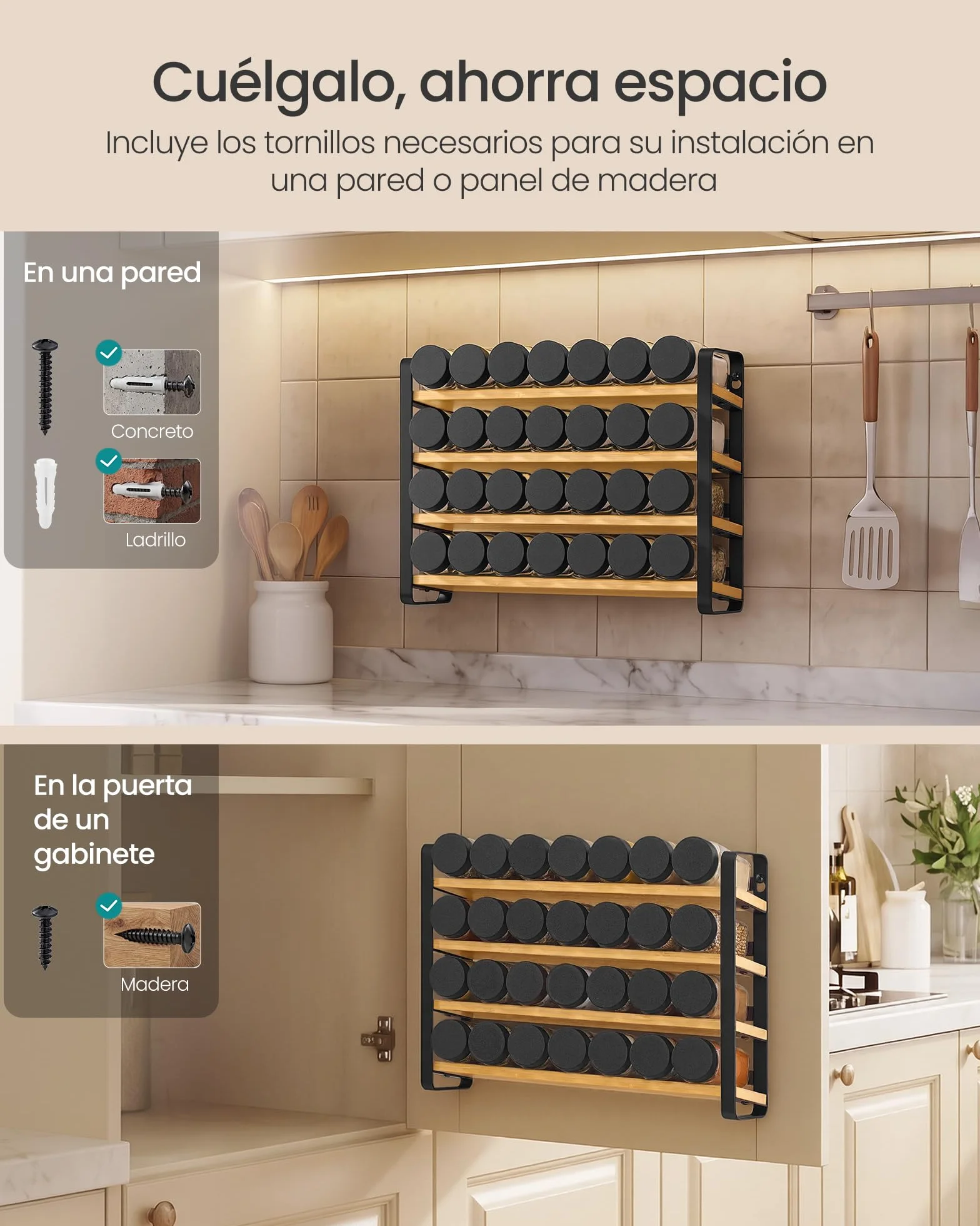 SONGMICS Especiero, Organizador de Especias de Bambú y Acero, Estante con 28 Botes de Cristal, 35 x 9 x 26 cm, Negro y Natural, para Pared y Encimera de Cocina Colección Bystro KCS064B101