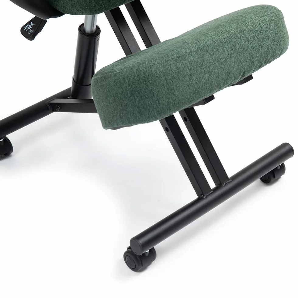 Suguri Silla ergonomica rodillas para oficina el hogar y la hecho de cuero ecológico. Kneeling chair para el dolor de espalda, active posture. Cubiertas intercambiables incluidas. Verde botella