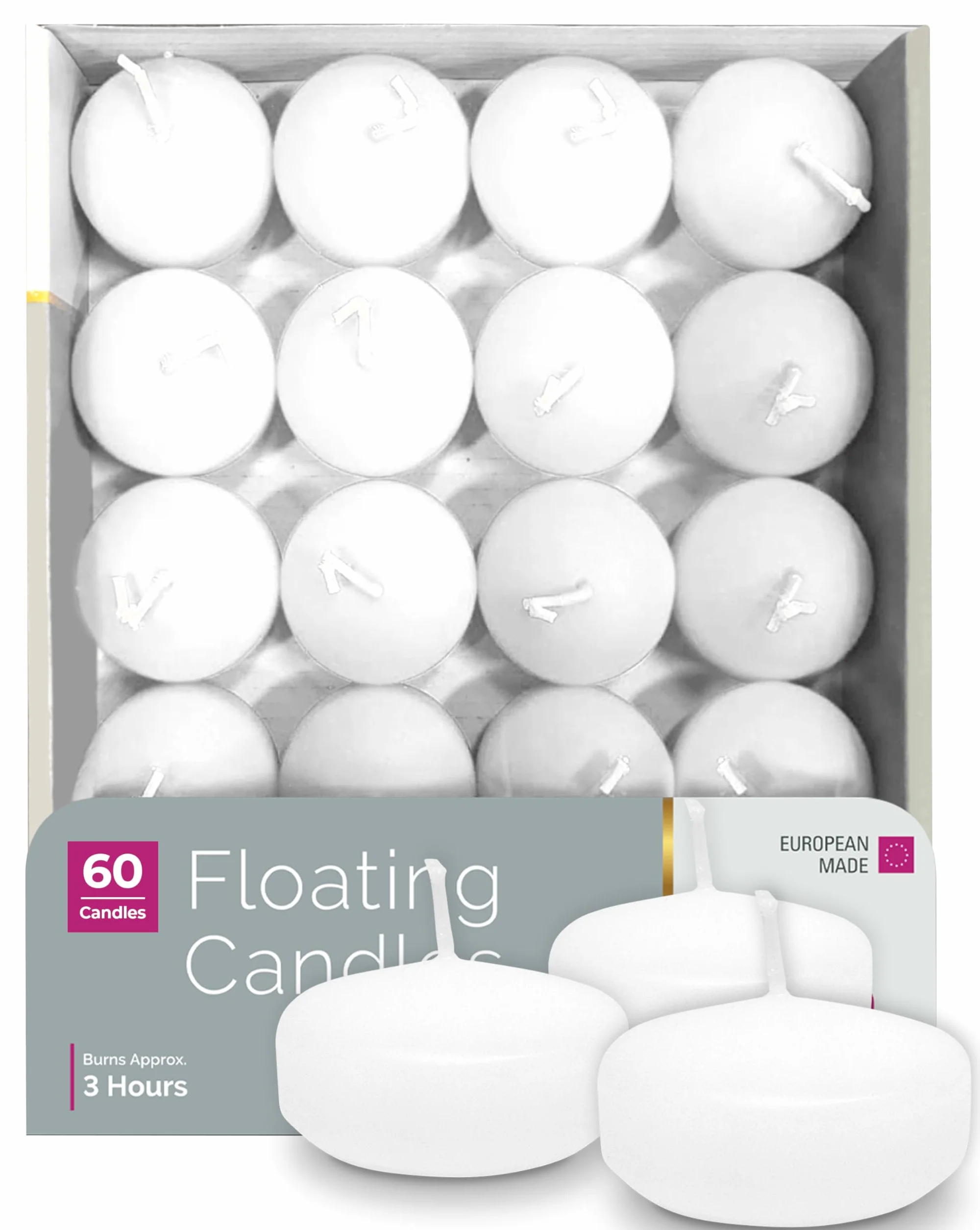 Hyoola Velas Flotantes Agua Premium Blanco - Velas Decorativas Paquete de 60 - Velas Larga Duración, 3 Horas de Combustión - 45 mm - Hecho en Europa